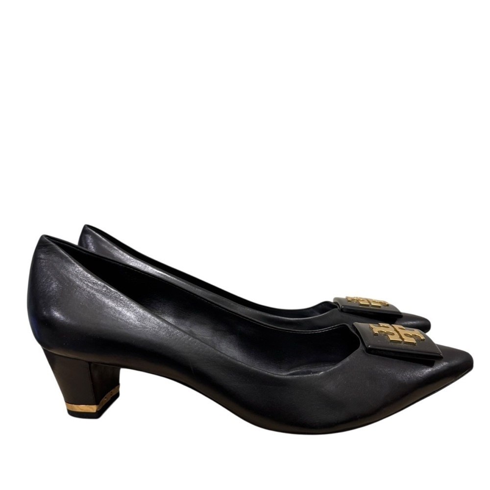 Tory Burch Black Leather Gold Logo Pointed Toe Block Kitten Heel Pump 10